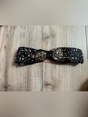 Anthropologie Black Embellished Knot Headband with Gold Accents